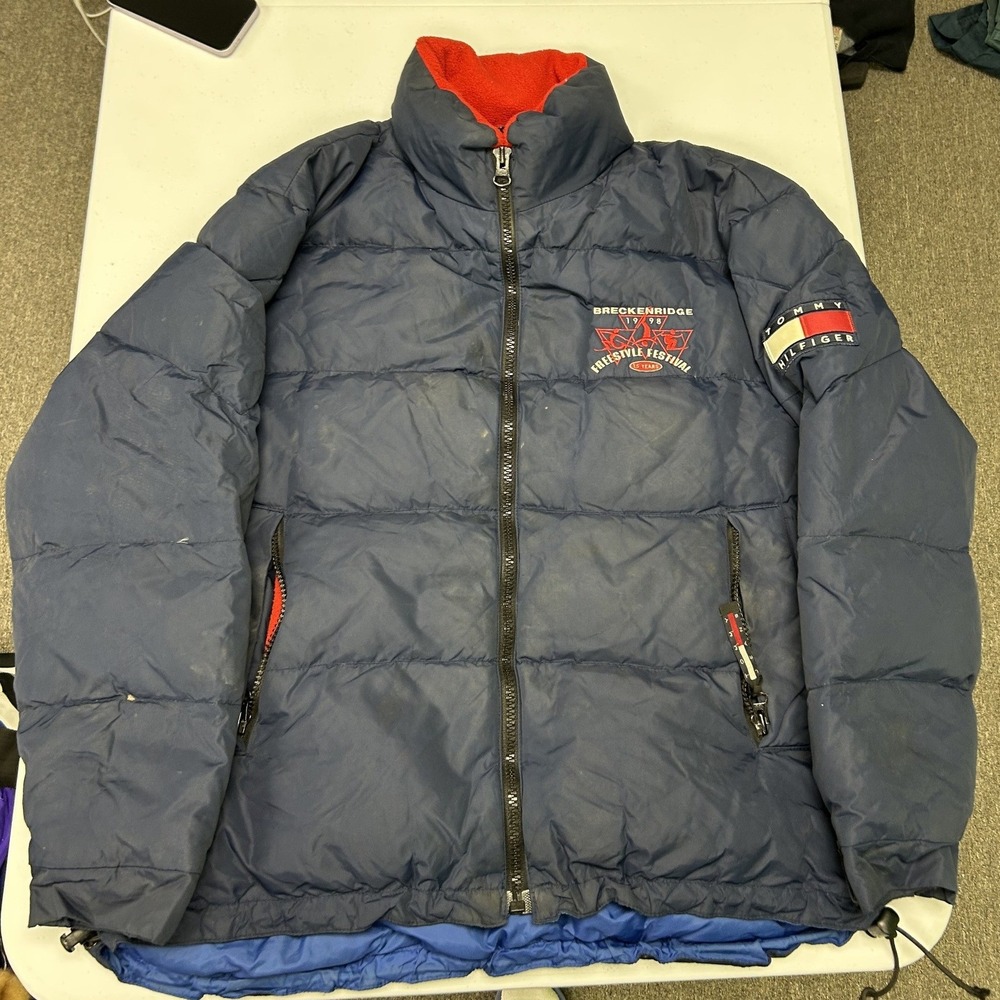 Tommy Hilfiger Puffer Jacket Mens L Blue Breckenridge 1998 Spellout Logo D3
